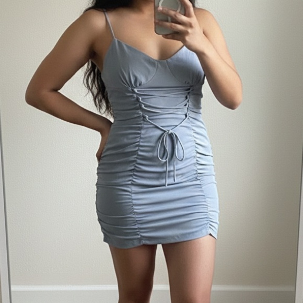 Light Blue Backless Ruched Dress